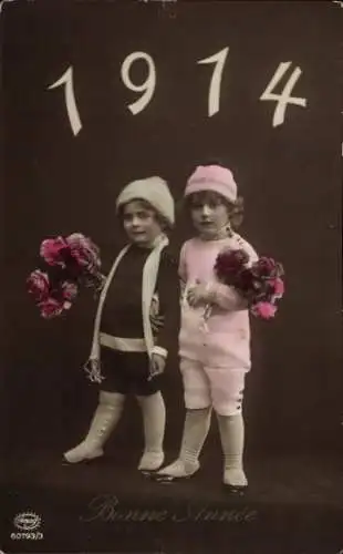 Ak Glückwunsch Neujahr 1914, Kinder mit Blumen