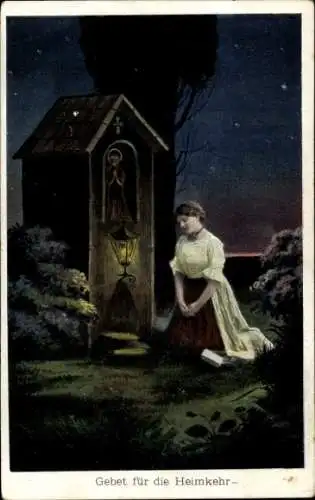Ak Gebet für die Heimkehr, Betende Frau, Nachthimmel
