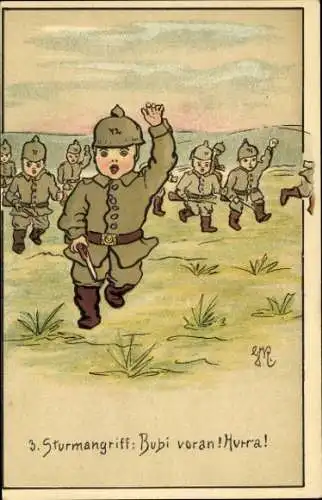 Künstler Ak Sturmangriff, Bubi voran, Soldaten auf dem Schlachtfeld