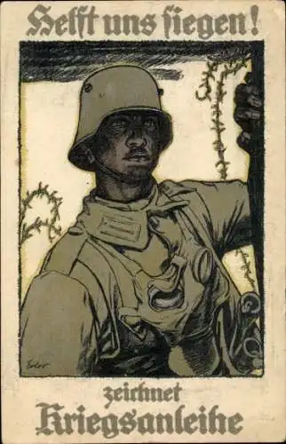 Künstler Ak Erler, Helft uns siegen, zeichnet Kriegsanleihe, Soldat in Stahlhelm mit Gasmaske, I. WK