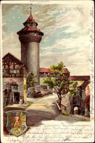 Präge Wappen Künstler Litho Nürnberg in Mittelfranken Bayern, Brunnenhäuschen