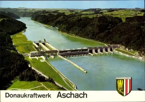 Ak Aschach an der Donau Oberösterreich, Donaukraftwerk, Luftbild, Wappen