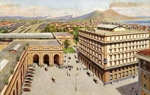 Künstler Ak Napoli Neapel Campania, Hotel Terminus, Bahnhof, Vesuv