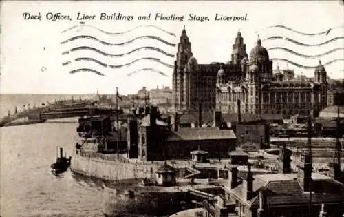 Ak Liverpool Merseyside England, Hafenbüros, Liver Buildings und schwimmende Bühne