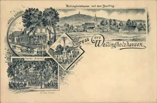 Litho Wellingholzhausen Melle in Niedersachsen, Kriegerdenkmal, Hotel Dürring, Gartenansicht