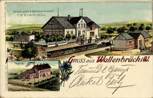 Litho Wallenbrück Spenge in Westfalen, Restauration Ellerbracke, Bahnhof, Gleisseite, Schule