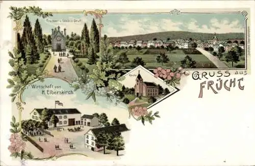 Litho Frücht an der Lahn, Freiherr von Stein's Gruft, Gastwirtschaft, Kirche, Totalansicht