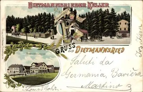 Litho Dietmannsried im Oberallgäu, Dietmannsrieder Keller, Teilansicht, Kindl mit Bierkrug