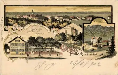 Litho Pullach im Isartal Oberbayern, Restauration zum Isartal, Burg Schwaneck, Totalansicht