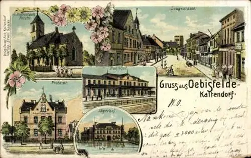 Litho Kaltendorf Oebisfelde in Sachsen Anhalt, Langestraße, St. Katharinen Kirche, Bahnhof