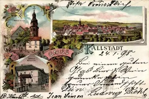 Litho Kallstadt Rheinland Pfalz, Prot. Kirche, Rathaus, Brunnen