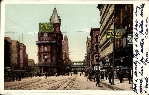 Ak Kansas City Missouri USA, Kreuzung Main Street und Delaware Street