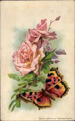 Künstler Ak Schmetterling und Rosen