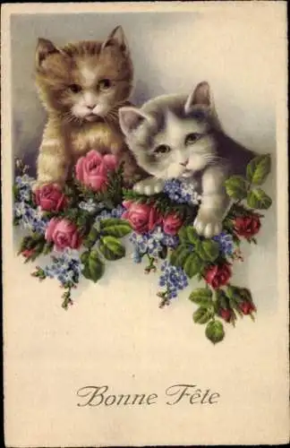 Ak Glückwunsch Geburtstag, Zwei Katzen und Rosen