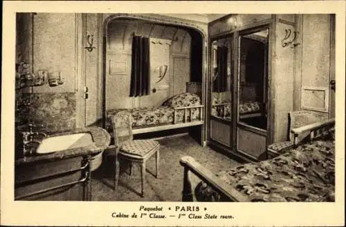 Ak Paquebot Paris, Kabine 1. Klasse, CGT, French Line