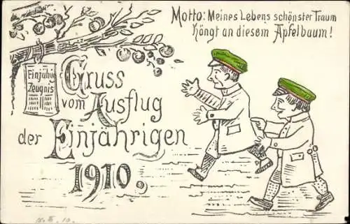 Studentika Ak Gruß vom Ausflug der Einjährigen 1910, Zeugnis am Apfelbaum