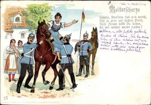 Litho Reiterscherze, Frau auf einem Pferd, Soldaten