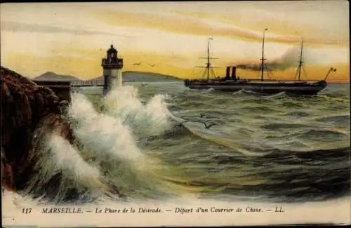 Ak Marseille Bouches du Rhône, Der Leuchtturm von Desirade, Abfahrt eines Kuriers aus China