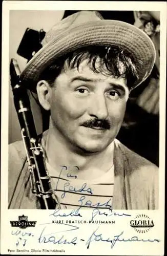 Ak Schauspieler Kurt Pratsch-Kaufmann, Hut, Musikinstrument, Portrait, Autogramm