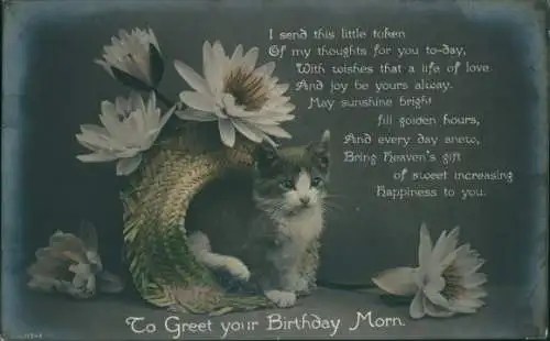 Ak Glückwunsch Geburtstag, Katze, Blumen, Korb