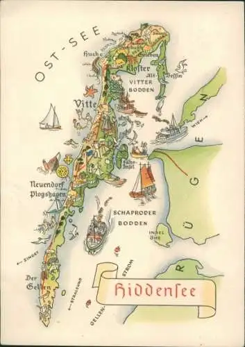 Landkarten Ak Insel Hiddensee Ostsee, Vitte, Neuendorf, Plogshagen, Neuendorf, Bodden, Kloster