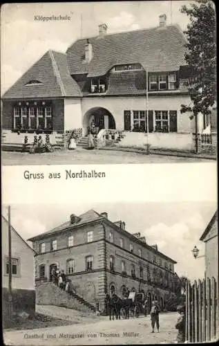 Ak Nordhalben in Oberfranken, Klöppelschuhe, Gasthof Metzgerei