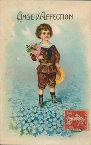 Ak Junge mit Rosen, Vergissmeinnicht, Blumenwiese