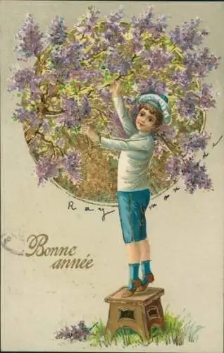 Präge Litho Glückwunsch Neujahr, Kinder, Blumen, Hocker