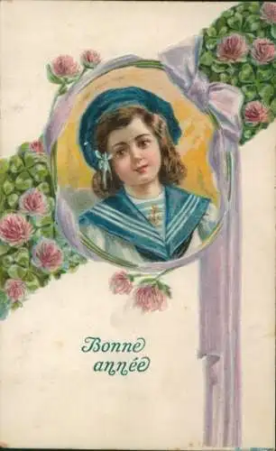 Präge Ak Glückwunsch Neujahr, Kind-Portrait, Rosen, Glücksklee