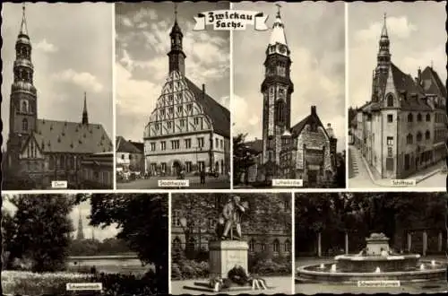 Ak Zwickau Sachsen, Dom, Stadttheater, Lutherkirche, Schiffhaus, Denkmal, Springbrunnen