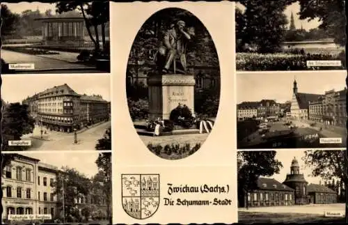 Ak Zwickau in Sachsen, Dom, Schwanenteich, Robert-Schumann-Denkmal, Hauptmarkt, Museum