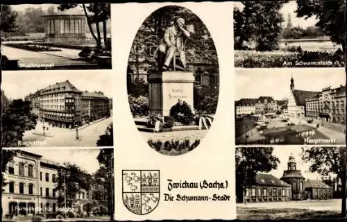 Ak Zwickau in Sachsen, Dom, Schwanenteich, Robert-Schumann-Denkmal, Hauptmarkt, Museum