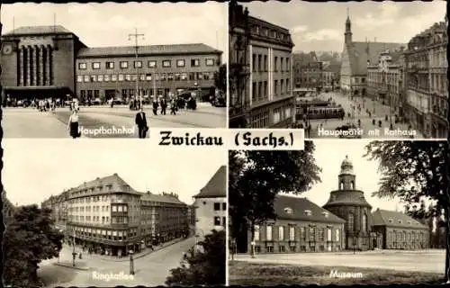Ak Zwickau Sachsen, Hauptbahnhof, Hauptmarkt mit Rathaus, Ringkaffee, Museum