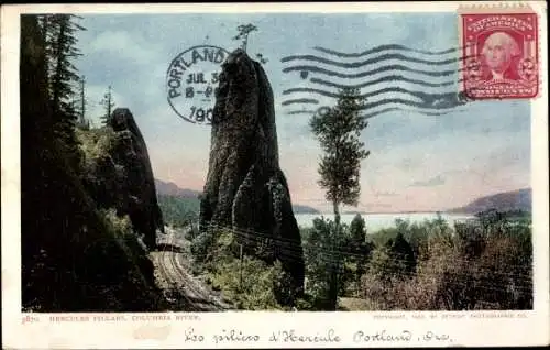 Ak Oregon USA, Hercules Pillars, Columbia River, Eisenbahnschienen