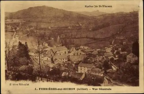 Ak Ferrières auf Sichon Allier, Gesamtansicht, Felsen von St-Vincent