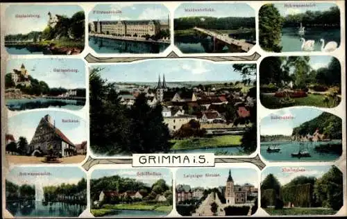 Ak Grimma in Sachsen, Gattersburg, Fürstenschule, Rathaus, Muldenbrücke, Rabenstein