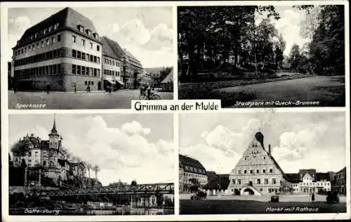 Ak Grimma in Sachsen, Sparkasse, Stadtpark, Queck Brunnen, Gattersburg, Markt, Rathaus