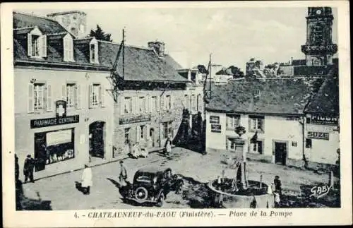 Ak Chateauneuf du Faou Finistère, Place de la Pompe, Brunnen, Pharmacie