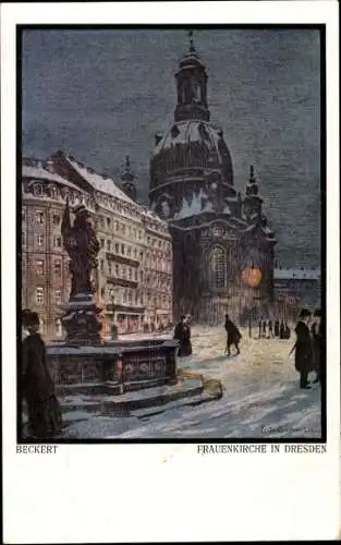 Künstler Ak Beckert, Dresden Altstadt, Frauenkirche, Winter, Brunnen
