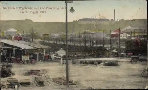 Ak Dresden Altstadt Johannstadt, Festplatz Vogelwiese nah dem Brandunglück am 2. August 1909