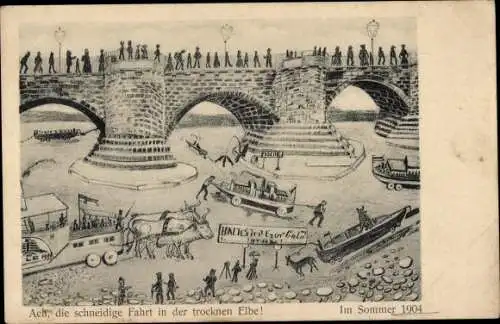 Ak Dresden Altstadt, schneidige Fahrt in der ausgetrockneten Elbe 1904, Brücke