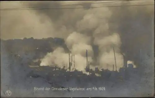 Ak Dresden Altstadt Johannstadt, Festplatz Vogelwiese, Brand am 2.8.1909