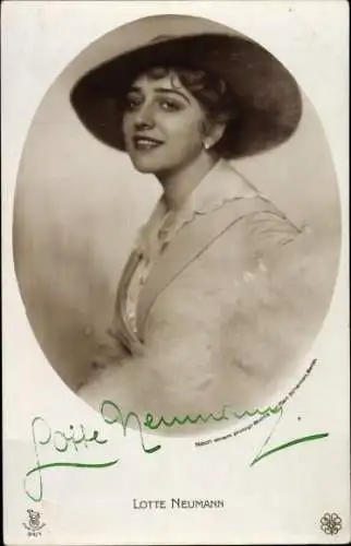 Ak Schauspielerin Lotte Neumann, Portrait, Hut, RPH 94/1, Autogramm