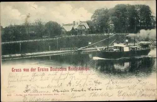 Ak Kiel in Schleswig Holstein, Frachtdampfer im Kaiser Wilhelm Kanal, 1. Dt. Reichskneipe