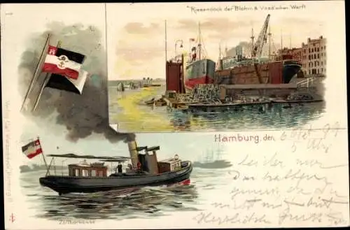 Litho Hamburg Mitte Altstadt, Riesendock der Blohm u. Vossschen Werft, Zollbarkasse