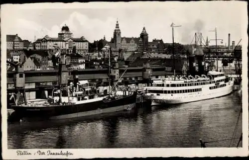 Ak Szczecin Stettin Pommern, Innenhafen, Dampfer Rügen, Frachtschiff