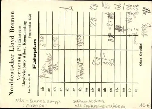 Künstler Ak Schnelldampfer Europa, Norddeutscher Lloyd Bremen, Fahrplan