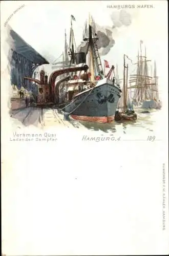 Litho Hamburg, Versmann Quai, ladender Dampfer, Hamburgs Hafen