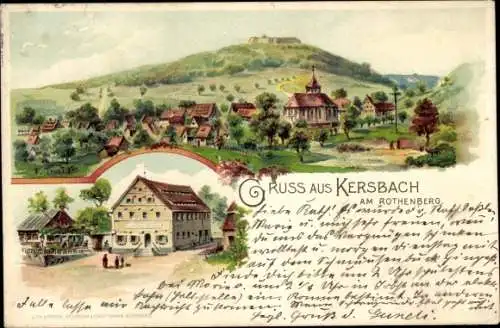 Litho Kersbach Neunkirchen am Sand Mittelfranken, Rothenberg, Panorama, Gastwirtschaft