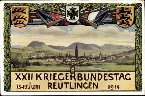 Künstler Ak Reutlingen in Württemberg, XXII. Kriegerbundestag 1914, Wappen, Fahnen